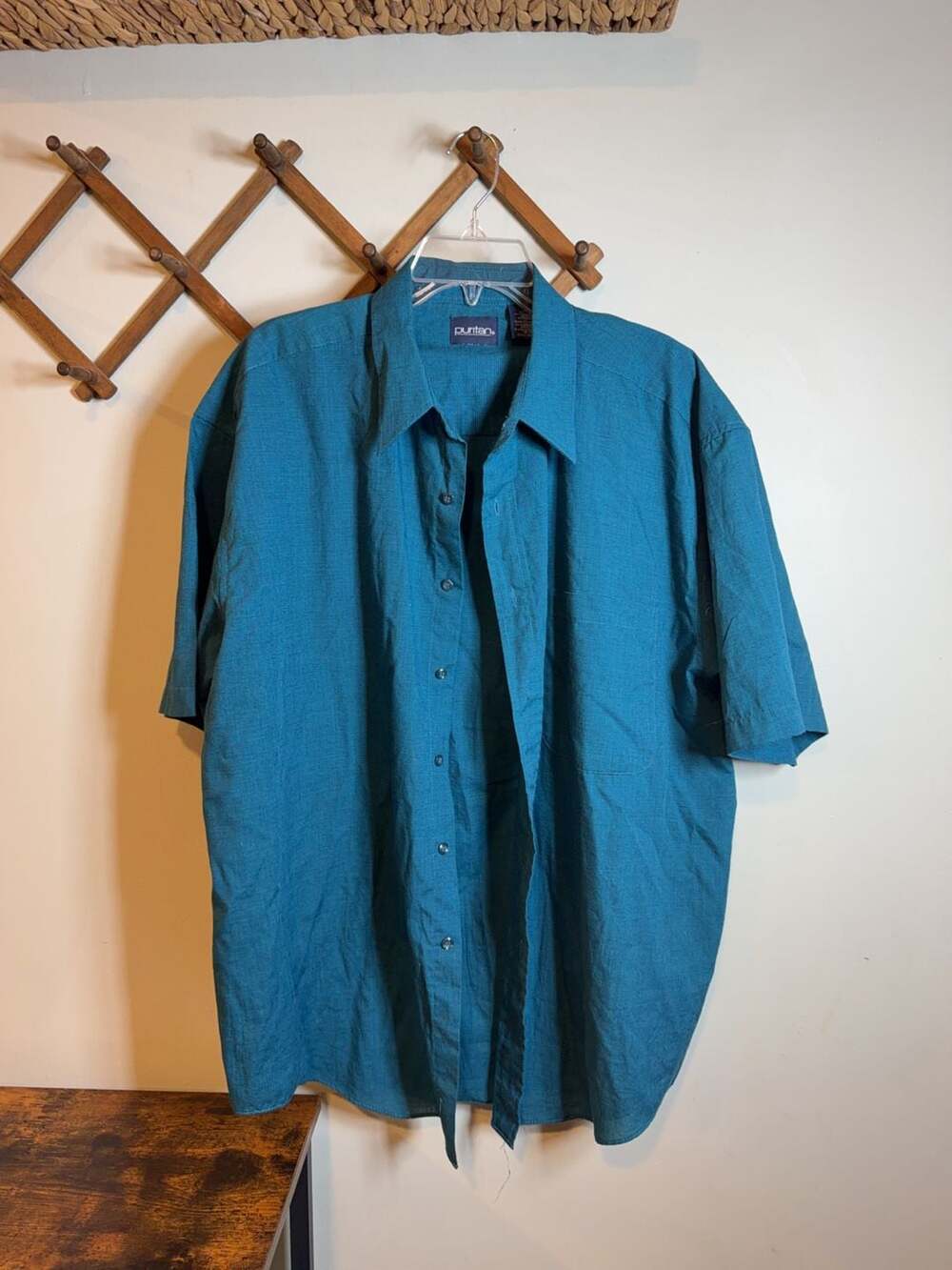 Puritan Teal Blue Jacquard Textured Short Sleeve Button Down Shirt